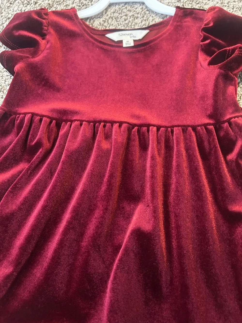Velvet Ruffle Sleeve Dress for Girls - Wine - Picture 2 of 3